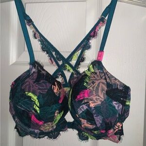 PINK Victoria's Secret Teal Multicolor Lace Push-Up Bra